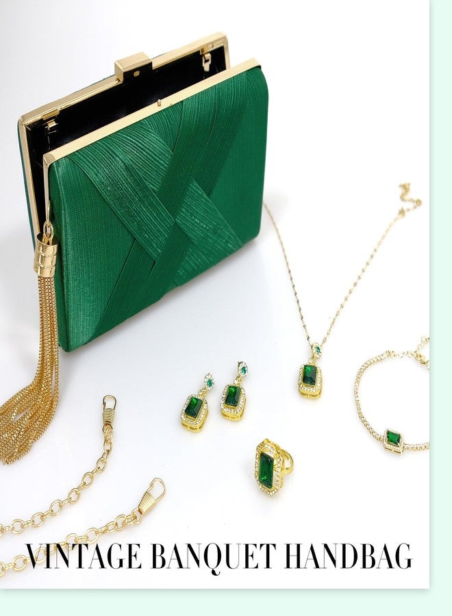 SENONAPO 5 Pcs Clutch Purses for Women Jewelry Set Handbag with Necklace Earrings Ring Bracelet Vintage Banquet Handbag with Detachable Chain for Wedding Party Gift Supplies(Green) - Image 3